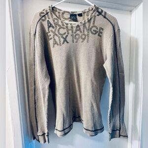 Armani Exchange Men's Cream Crewneck Waffle Knit Sweater with Contrast Stitching